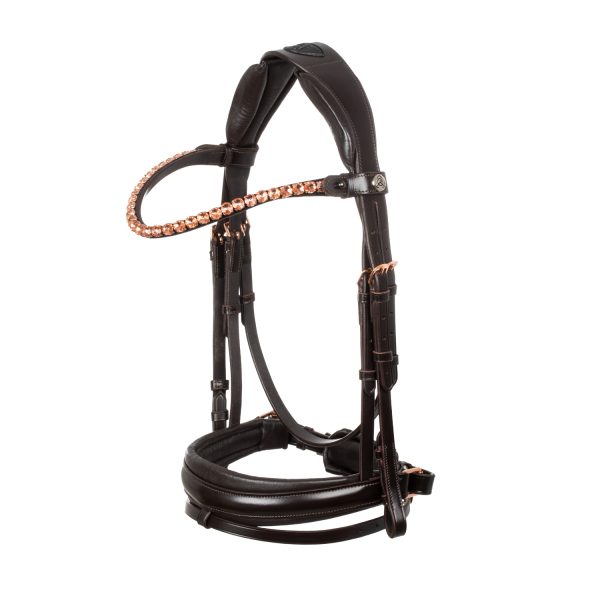 NINFEA STRAIGHT NOSEBAND ROSEGOLD FITTINGS ANATOMIC LEATHER BRIDLE