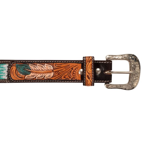 UNISEX WESTERN BEADED BELT WITH FEATHER ENGRAVING - immagine 3